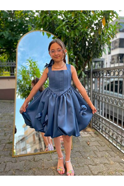 sarena Navy Blue Flower Detailed Girl's Balloon Model Design Evening Dress