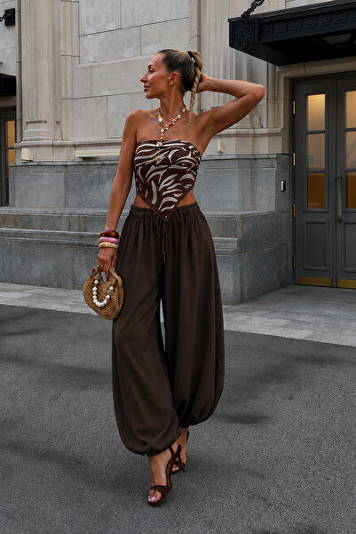 Seeh Brown Shalwar Trousers with Lace-Up Waist and Elastic Cuffs Sh390
