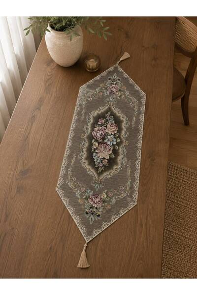 Yeshome Collection Royal Bouquet Şönilli Goblen 35X90 Tasseled Runner - Coffe...