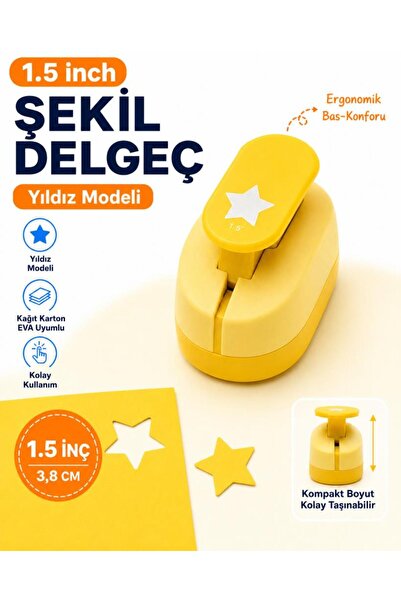 OFİSİNN Şekilli Büyük Boy Delgeç/Şekilgeç 3.8 cm Yıldız Sarı