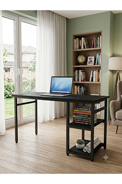 Çalışma Masası Siyah 140x60 Çalışma Masası, Bilgisayar Masası, Ofis Masası, Metal Ayaklı 2 RAFLI