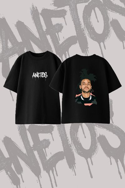 Anetos تي شيرت The Weeknd_73 مصنوع من القطن الأسود المطبوع من الخلف بمقاس كبير