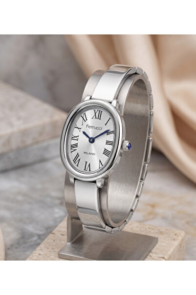 Ferrucci Kadın Kol Saati 28 mm Gümüş Rengi Mavi Detaylı Oval Kasa Kelepçe Kordon