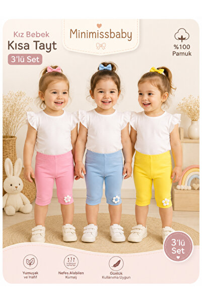 Minimissbaby Yazlık Kız Bebek Çiçek Detaylı Kısa Tayt 3’lü Set