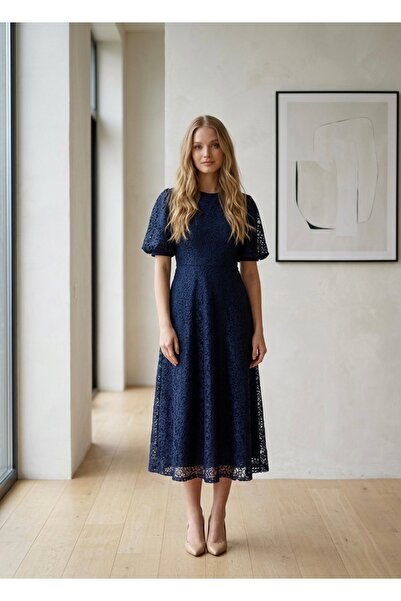 Bersi Butik Δαντελωτό μίντι φόρεμα με μανίκια μπαλόνι, μοντέρνο