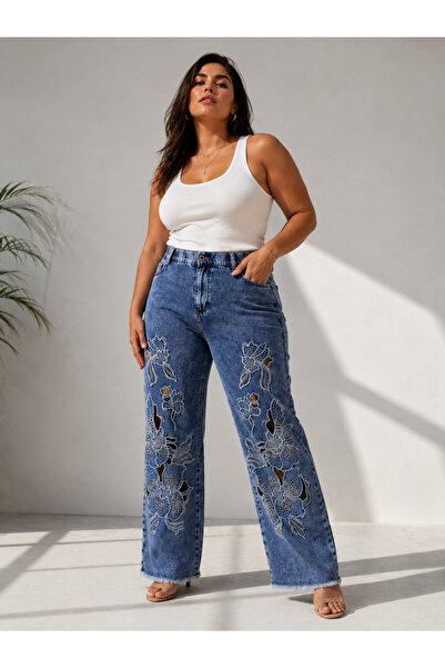 Trieste Plus Size Elastic Stone Embroidered Ripped Wide Leg Women's Trousers