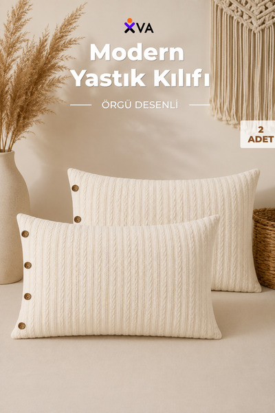 XVA 100% Cotton 2-Piece Pillowcase Set |   Knitted Patterned |   Buttoned Dec...