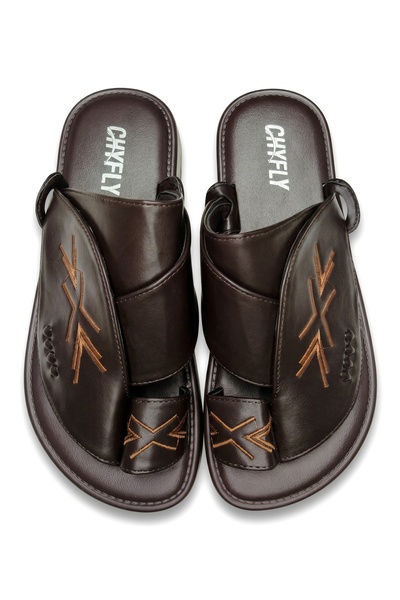 Chyfly Men Saudi Fashion Sandals Geometric Embroidery PU Leather Toe Loop Cus...