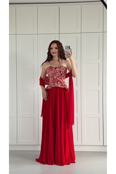 ayşenur Dinçer butik Majeste Özel Şifon Abiye Kırmızı