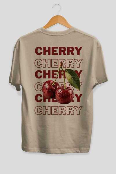 Ankhises Cherry Oversize Back Printed Beige T-Shirt Unisex 100% Cotton Premiu...