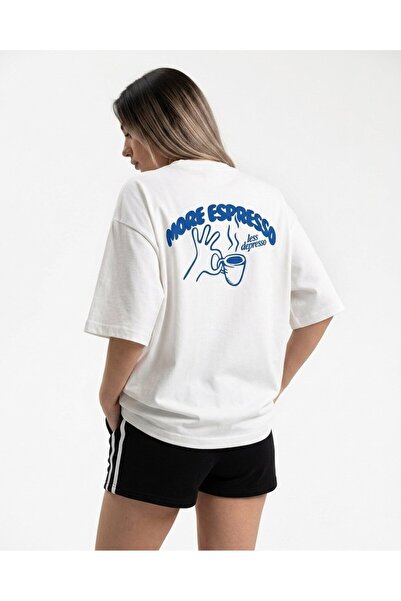 TrendAllStore White Color More Espresso Printed Short Sleeve Oversize Summer ...