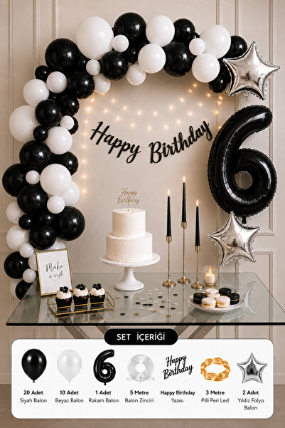 Baloncu Nene 6 Year Old Black and White Birthday Decoration Set with Black Nu...