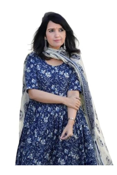MYSMAR Blue Viscose Printed Anarkali Kurta Set - ALV2180 | Blue-Size:L-40-Inches
