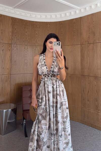 HAZELANNA Waist Detailed Beaded Patterned Dress