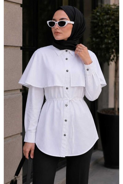 YEK&BİR Women's Stylish Tunic Shirt with Cape Collar and Button Detail