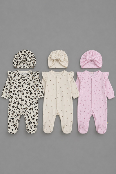 My Babies Label Kız Bebek 6 Parça %100 Pamuk Fırfır Omuzlu Ayaklı Bebek Tulum...