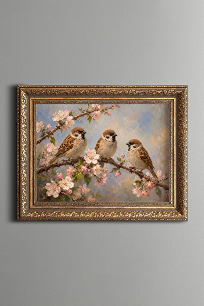 epiqart Three Sparrows on a Spring Branch - Vintage Patterned Painting - Thic...