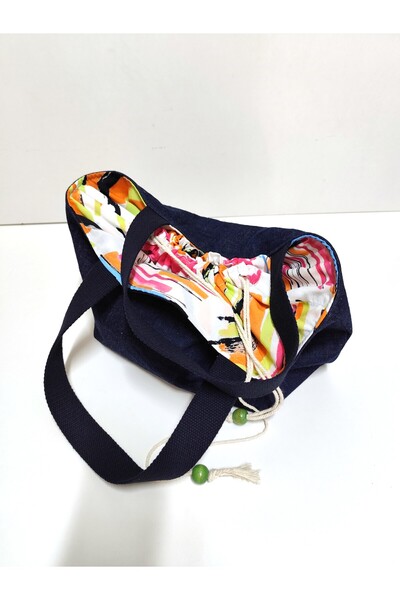 minart design Denim Colorful Lined Drawstring Shoulder Bag with Rope Detail