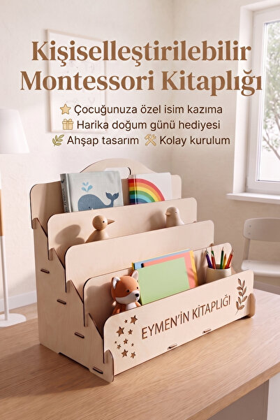 Simux Kişiye Özel Montessori Ahşap Mini Kitaplık -Kişiye Özel Çocuk Odası Kit...