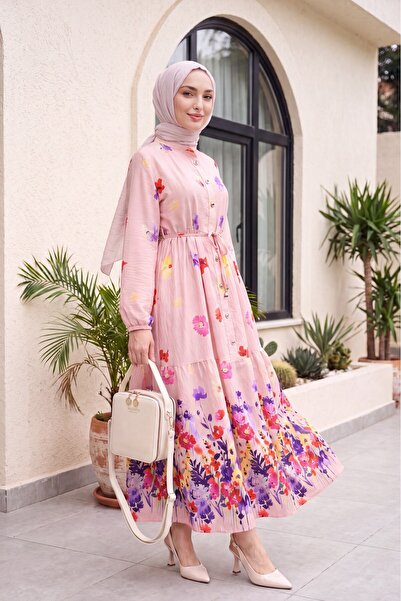 Modamorfo Floral Patterned Polycotton Dress with Elastic Sleeves and Half But...