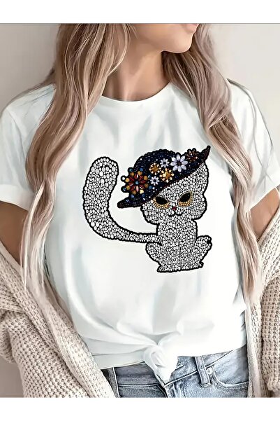 799 cotton Short Sleeve T-Shirt with Rhinestone Cat Design, Lightweight Durab...