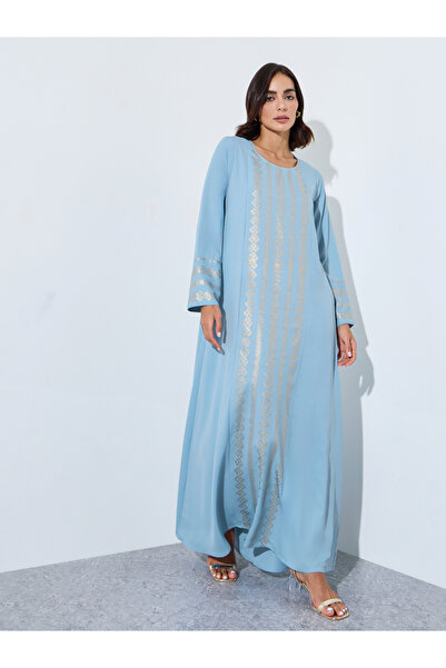 Amirah By Styli جلابية بأكمام طويلة مطبوعة بورق فويل أزرق فاتح