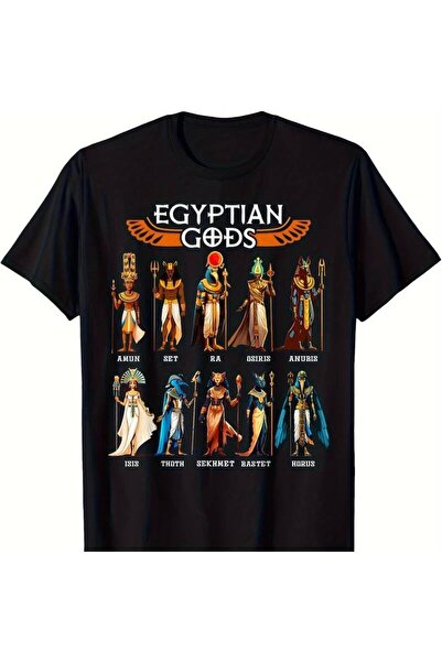 KYMC07 تي شيرت برسومات إلهاء مصرية بأكمام قصيرة - بتصميم "EGYPTIAN GODS" مع ش...