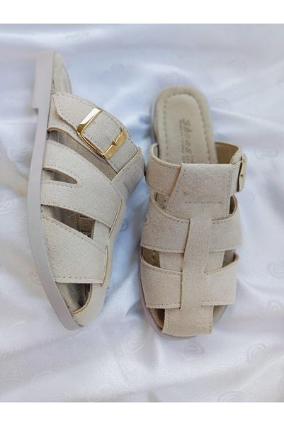 solebydilhan Women's Beige Suede Gladiator Closed-Front Buckle Slippers