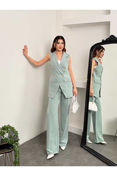 MiraMore Butik Women's Sleeveless Double-Breasted Blazer Vest Wide-Leg Pants Set