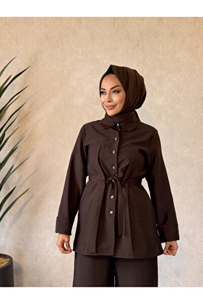 Nefise 250337 Stylish Belted Trouser Suit in Brown