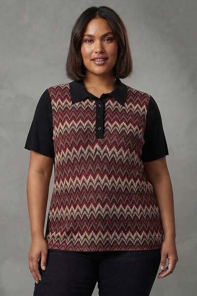 SERTUĞ Trend42Plus Plus Size Zik Zak Patterned Polo Collar Burgundy Blouse