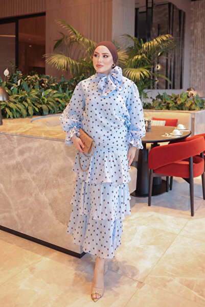 İmajButik Baby Blue Skirt Layered Polka Dot Set