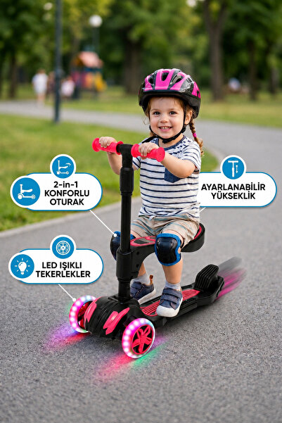 Furkan Combo 3-7 Yaş Led Işıklı 3 Tekerlek Oturaklı Yükseklik Ayarlı Katlanab...