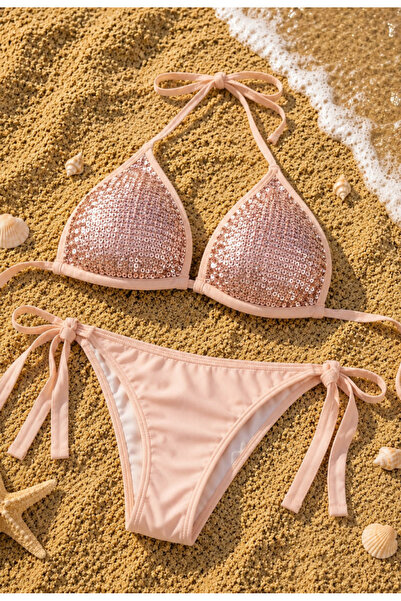 Nobrand Costum de baie damă 2 piese, roz pudrat, cu cupe decorate cu paiete