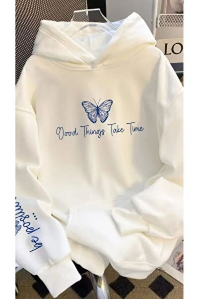 classy moda Unisex Front Butterfly Printed Hooded 3-Thread Combed Cotton Swea...