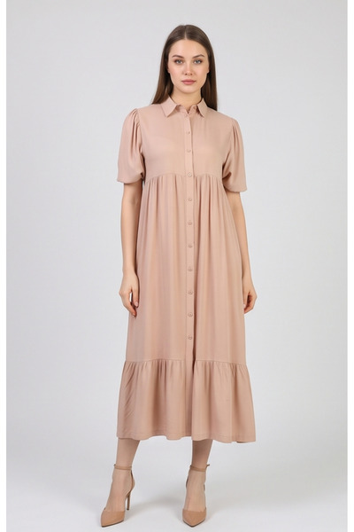 gökçesu Women's Short Balloon Sleeve Breathable Fabric Ruffle Relaxed Fit Dress