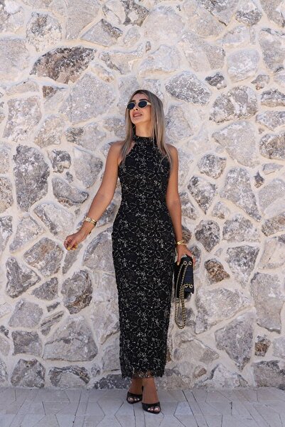 bytugcekaya Μαύρο τρισδιάστατο φόρεμα από τούλι με δέσιμο στο λαιμό