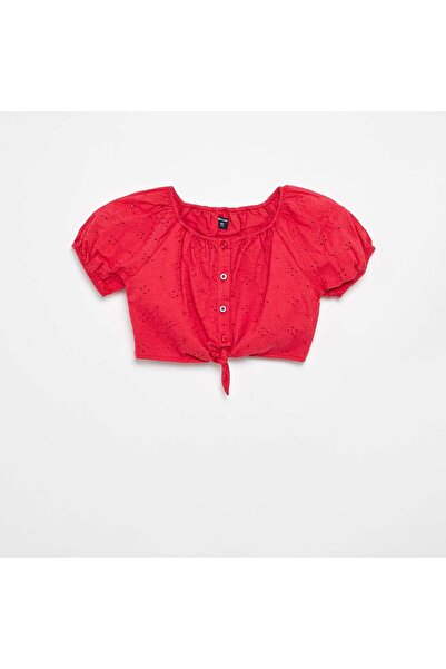 KIABI Plain blouse with broderie anglaise RED