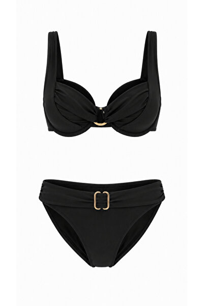 XSTİL BUTİK Kadın Siyah Balenli Bikini Takımı – Gold Tokalı Destekli 2'li Takım