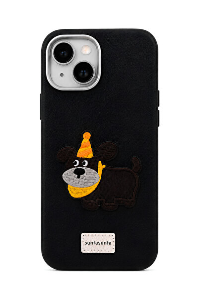 QUSCHU iPhone 13-14 Uyumlu Nakışlı Şapkalı Köpek Figürlü Deri Görünümlü Silik...