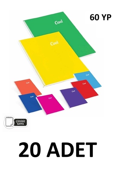 KESKİN COLOR 20 Τεμάχια Α4 Σπιράλ 60 Φύλλα Χωρίς Γραμμές (Απλό) Τετράδιο με Ε...