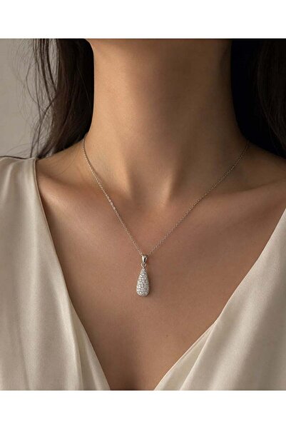 Generic Silver Stainless Steel Necklace with Teardrop Pendant Adorned with St...