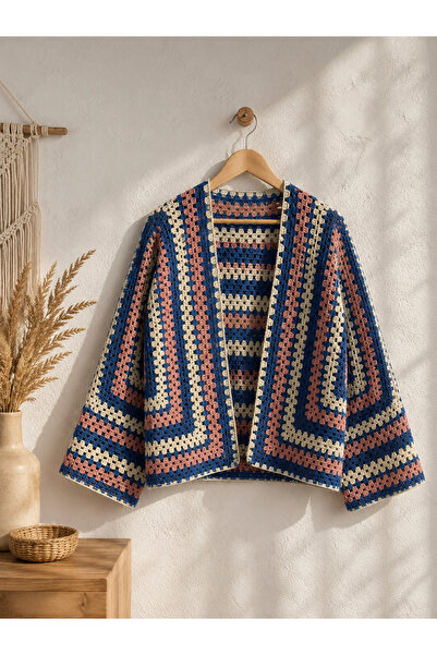 Handmade El Örgüsü Altıgen Motifli Bohem Hırka – Vintage Granny Square Kadın ...