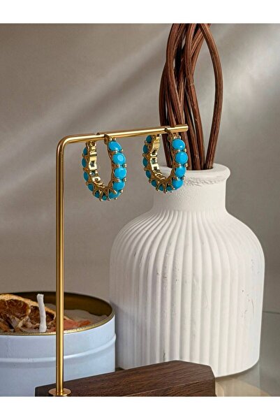 ANKA JEWELLRY Women's Turquoise Beaded Detail Steel Hoop Earrings