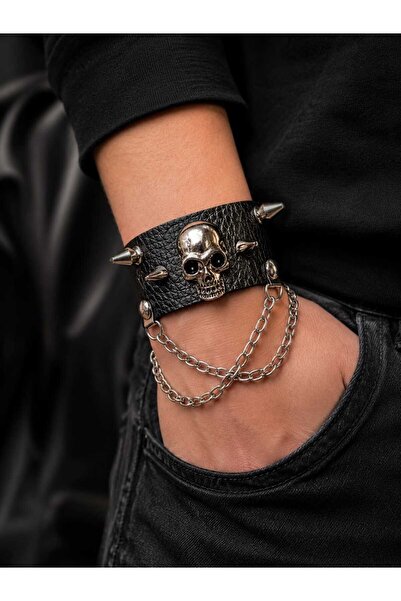 Corvus kolye&bileklik Gotik Kuru Kafa Zincirli Deri Bileklik Unisex Ayarlanab...