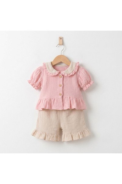 Tufitto Baby Girl 100% Cotton Muslin Shorts Set Pink Ruffled Doll Collar Summ...