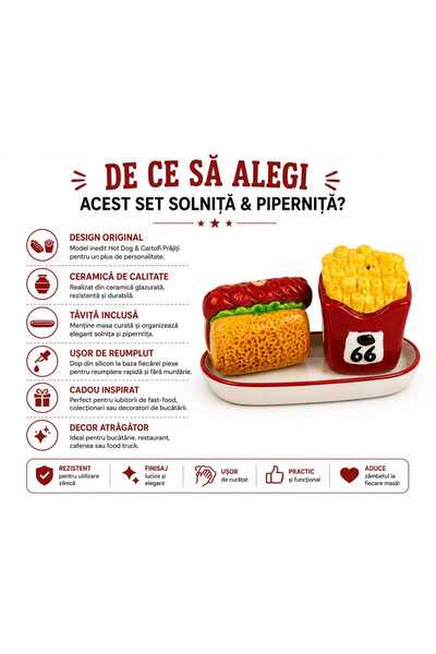 ANY SHOP MARKET Set Solniță și Piperniță Ceramică Hot Dog & Cartofi Prăjiți cu Tăviță Inclusă, Design Decorativ Fast Food, Ceramică Glazurată, Multicolor