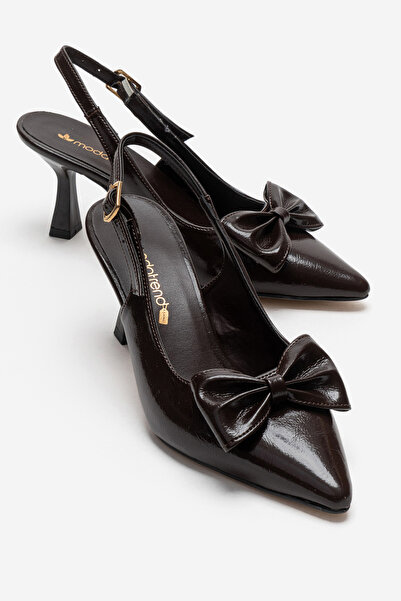 CCWAY AYAKKABI Women's Open-Back Bow Tie Heeled Shoes Brown Crinkled