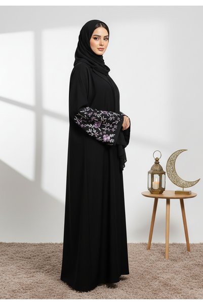 Nukhbaa Stunning black embroidered abaya | Nida Fabric-848