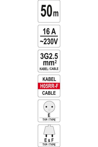 yato Prelungitor cu tambur 50m YT-8108, cu tambur din plastic, 4 prize